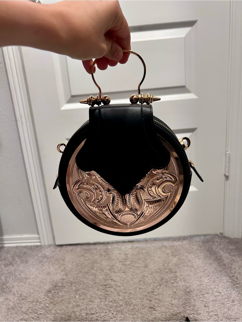 Round Mini Top-Handle Bag in Black with Rose Gold Accent
